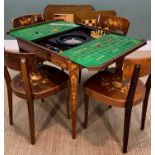 AN ITALIAN GAMES TABLE & FOUR CHAIRS with lavish marquetry style decoration, adaptable to various