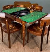 AN ITALIAN GAMES TABLE & FOUR CHAIRS with lavish marquetry style decoration, adaptable to various