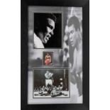 MUHAMMAD ALI FRAMED MONTAGE - with coloured signed boxing card, together with two black and white