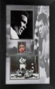 MUHAMMAD ALI FRAMED MONTAGE - with coloured signed boxing card, together with two black and white