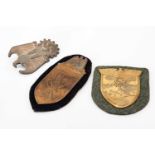 THIRD REICH PRESSED METAL BADGES, comprising Narvik campaign shield on black felt backing, 9cm h,