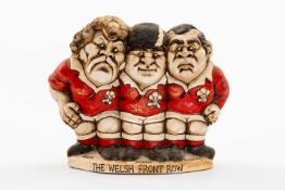 GROGG CARICATURE TRIO BY JOHN HUGHES standing on titled base, entitled 'The Welsh Front Row', with