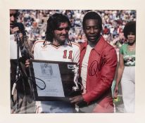 COLOURED PHOTOGRAPHIC PRINT image of George Best presenting Pelé with the Greatest Soccer Player