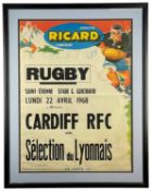 CARDIFF RFC VS. SELECTION DU LYONNAIS RUGBY POSTER, featuring colour printed players and Ricard