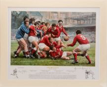 PETER CORNWELL limited edition (594/600) coloured print - 'Grand Slam '76', depicting Wales v France