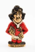 GROGG CARICATURE BY JOHN HUGHES OF GARETH EDWARDS standing on titled base, wearing his Wales No.9