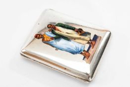 AUSTRIAN SILVER & ENAMEL CIGARETTE CASE DECORATED WITH TWO ARAB PEDLARS one with shoe-shine box,