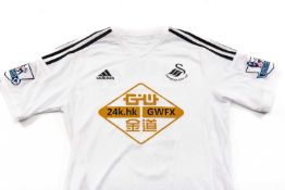 MATCH WORN 2014-15 PREMIER LEAGUE SWANSEA CITY AFC SHIRT, by Adidas, white with black shoulder trim,
