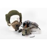 TWO RAF FLYING HELMETS WITH ASSOCIATED OXYGEN MASKS together with a pair of anti-fog goggles, MOD