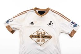 MATCH WORN 2015-16 PREMIER LEAGUE SWANSEA CITY AFC SHIRT, by Adidas, white with gold trim, worn by