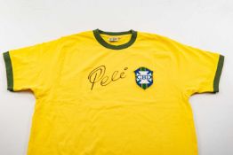 REPLICA BRAZIL FOOTBALL / SOCCER SHIRT SIGNED BY PELE, in traditional yellow with green trimmed