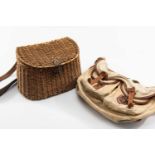 WICKER CREEL WITH LEATHER STRAP, c.1930, with brass buckle (added later), canvas inner lid, inner