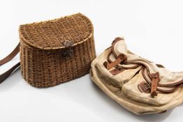 WICKER CREEL WITH LEATHER STRAP, c.1930, with brass buckle (added later), canvas inner lid, inner