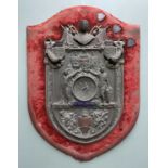 TENBY LAWN TENNIS CLUB ACE'S CHALLENGE TROPHY SHIELD, dated '1895', pressed copper and enamel, on
