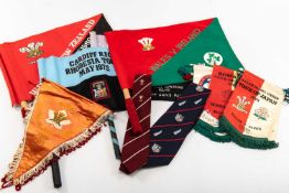 ASSORTED RUGBY UNION TOUCHFLAGS, BANNERS & TIES mostly 1970s