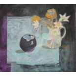 Sue Hunt. “Midnight Still Life”. Acrylic and collage.  73 x 75cm. Sue is a visiting lecturer at