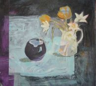 Sue Hunt. “Midnight Still Life”. Acrylic and collage.  73 x 75cm. Sue is a visiting lecturer at