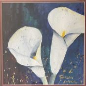 Tharina Weir. “Arum Lilies”. Watercolour & acrylic. 41 x 41cms.