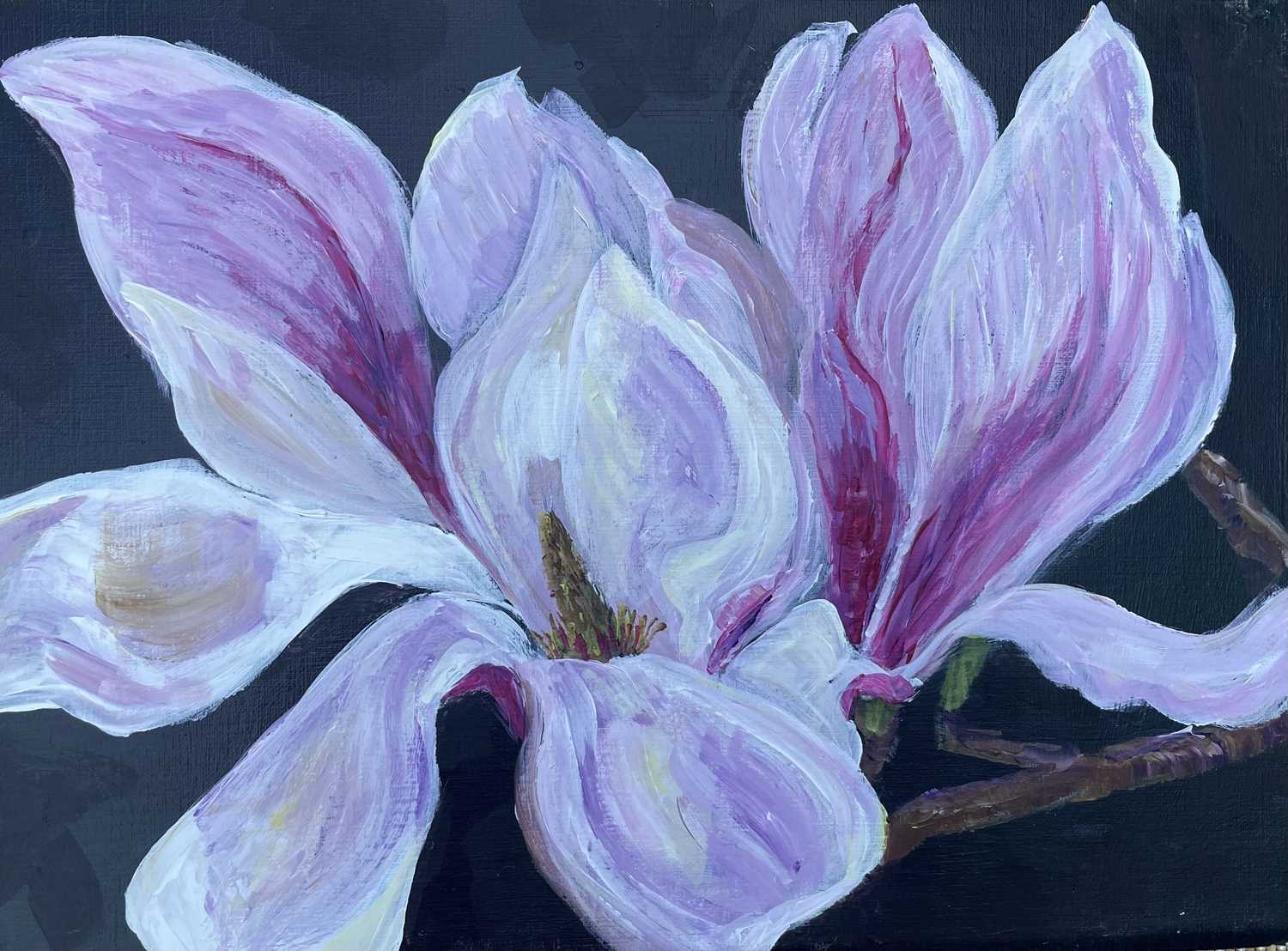 Morwenna Jones. “Magnolia”.  Acrylic on canvas. 32 x 24cms.