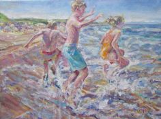 Susan M Barber. “Enjoying the waves”. Acrylic on canvas. 33cms x 43cms