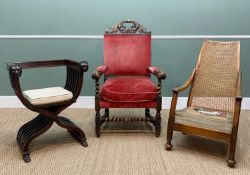 THREE VARIOUS ARMCHAIRS, comprising a 17th century style carved and stained oak chair with red
