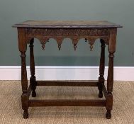 17TH CENTURY STYLE OAK TABLE, moulded rectangular top above arcaded frieze with baluster finials,