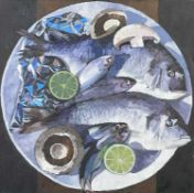 ‡ BRYN RICHARDS (Welsh, b. 1922), oil on canvas - still life of fish, limes and mushrooms, signed,