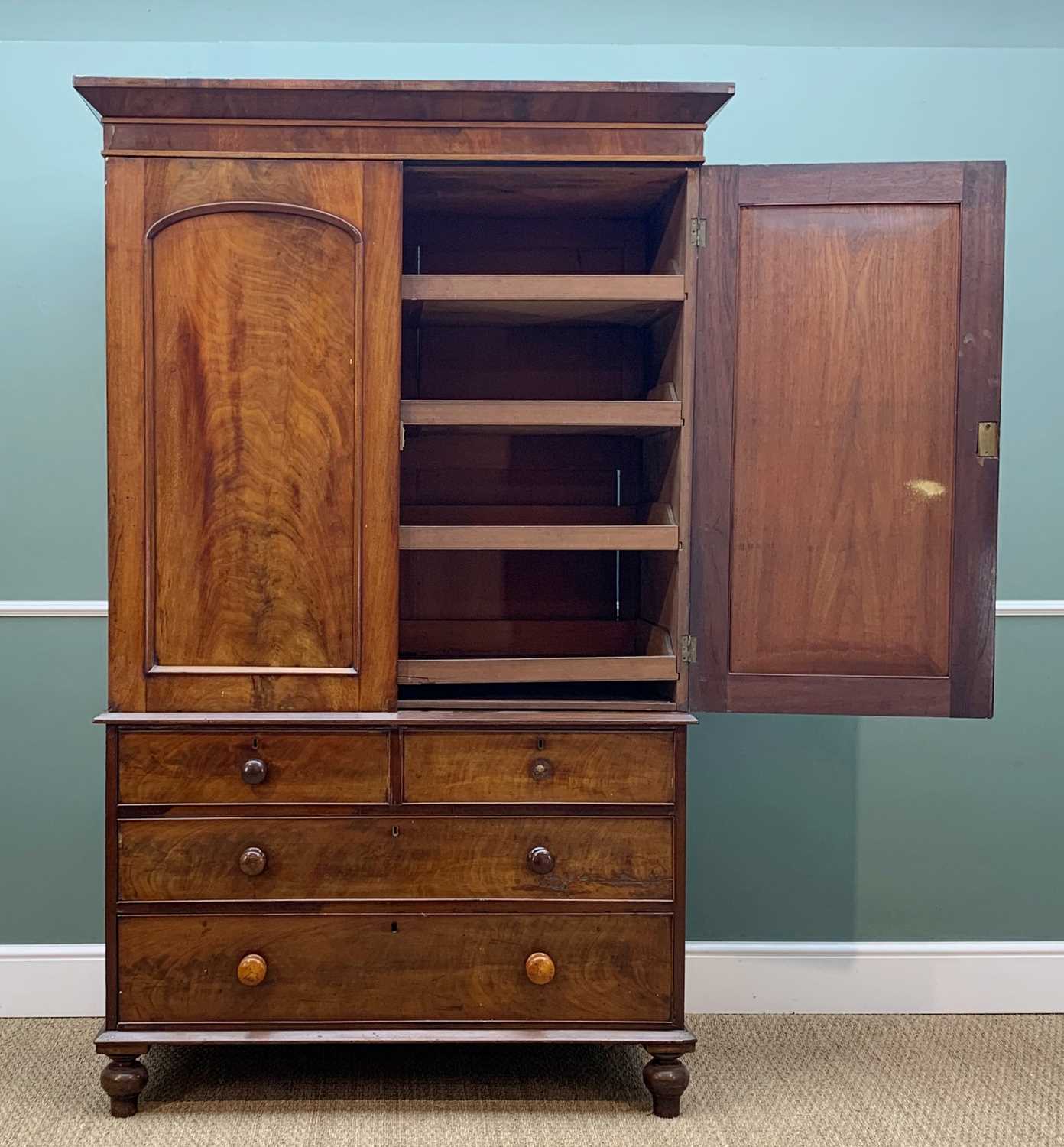 VICTORIAN WALNUT LINEN PRESS, shallow cornice aboved arched panelled doors enclosing slides, above 2