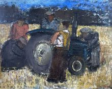 ‡ JOHN BOYD (Scottish 1940-2001) oil on canvas - four figures and tractor, signed, 60 x 74cms