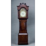 EARLY 19TH CENTURY MAHOGANY LONGCASE CLOCK, painted moonphase dial with Arabic numerals, swan neck