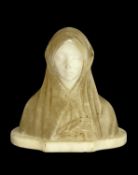 ITALIAN ALABASTER BUST, of a youthful maiden in a cowl, on base, 17cms high Comments: base damage,