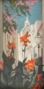 ‡ BRYN RICHARDS (Welsh, b. 1922), oil on board - Spanish cityscape with red flowers, 55.5 x
