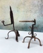 ANTIQUE WROUGHT IRON RUSH NIP HOLDER & GOFFERING IRON, probably 18th Century, the holder with twised
