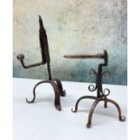 ANTIQUE WROUGHT IRON RUSH NIP HOLDER & GOFFERING IRON, probably 18th Century, the holder with twised