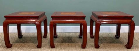 SET THREE CHINESE RED LACQUER SQUARE OCCASIONAL TABLES, inlaid woven rattan centres, incurved