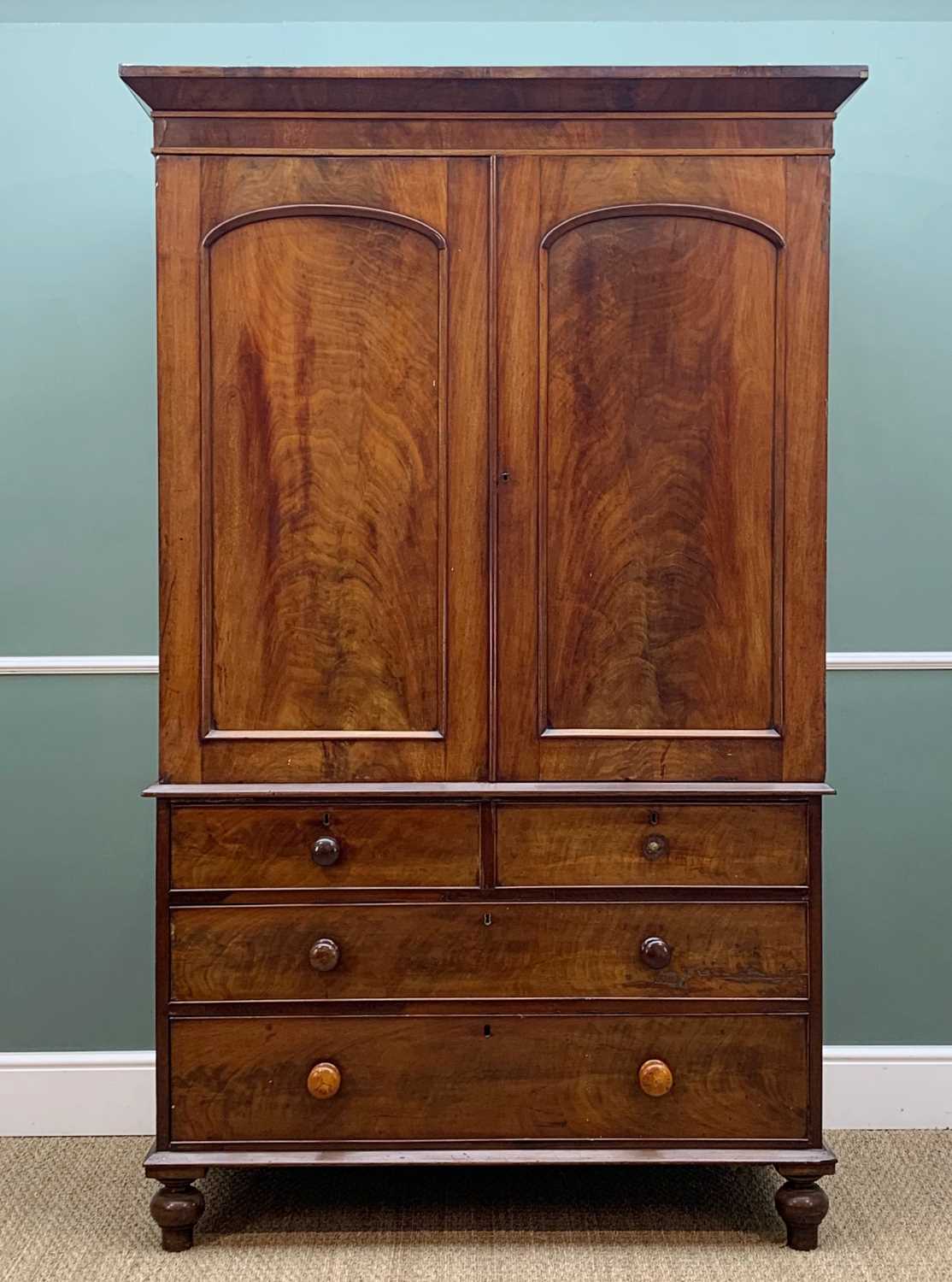 VICTORIAN WALNUT LINEN PRESS, shallow cornice aboved arched panelled doors enclosing slides, above 2 - Image 2 of 6