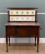 LATE VICTORIAN WASHSTAND, tiled back above red marble top and cupboards on turned feet, castors,