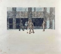 ‡ ADRIAN BARTLETT etching with colour - Office Workers, figures approaching office building,