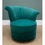 MODERN ASSYMETRIC BEDROOM CHAIR, green velour upholstry, swivel base