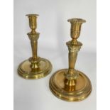 PAIR LOUIS XV STYLE ALLOY CANDLESTICKS, gadrooned sconces, octagonal collars, tapering fluted