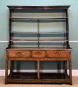18TH CENTURY PEMBROKESHIRE JOINED OAK DRESSER, open rack with shaped cornice, above base fitted