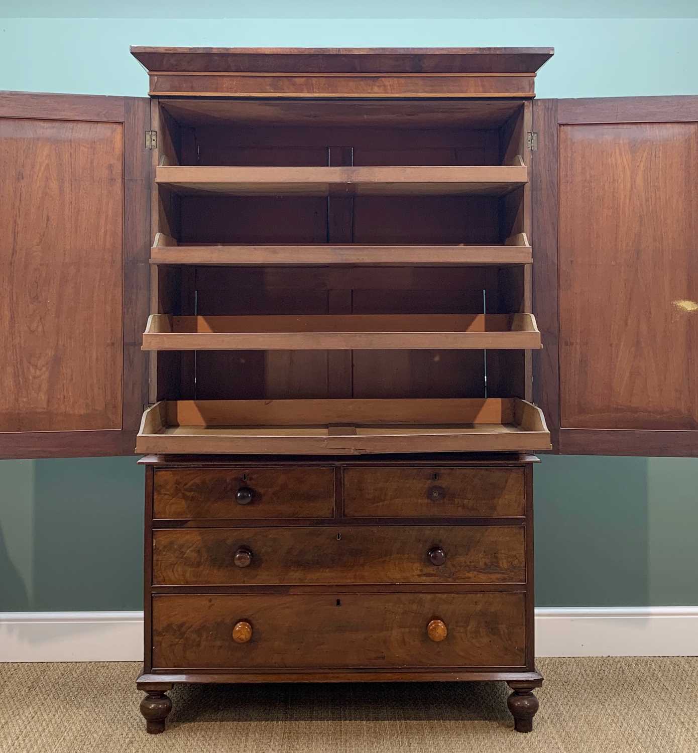 VICTORIAN WALNUT LINEN PRESS, shallow cornice aboved arched panelled doors enclosing slides, above 2 - Image 5 of 6