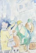 ‡ VERA BASSETT (Welsh 1912-1997) watercolour and pencil - mothers and children at a bus stop,