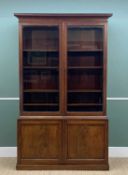 GEORGE IV MAGHOGANY BOOKCASE, shallow cornice, glazed doors enclosing adjustable shelves, cupboard