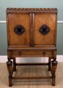 STYLISH OAK MARQUETRY DRINKS CABINET, chamfered virtuvian scroll inlaid top abobe panelled doors