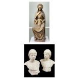 THREE PLASTERCAST FIGURES, comprising John Excell plaster cast of seated Virgin & Child, 1958,
