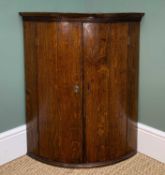 18TH CENTURY BOARDED OAK BOWFRONT HANGING CUPBOARD, shallow cornice, painted interior, plinth