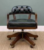 VICTORIAN STYLE GREEN LEATHER UPHOLSTERED SWIVEL DESK CHAIR, on splayed base with casters