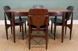 MID CENTURY TEAK EXTENDING DINING TABLE AND CHAIRS, chairs Elliots of Newbury with black vinyl