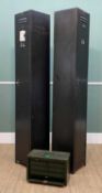 THREE PAINTED METAL CABINETS, comprising a pair of upright narrow Premier Steel Bin Co. lockers with